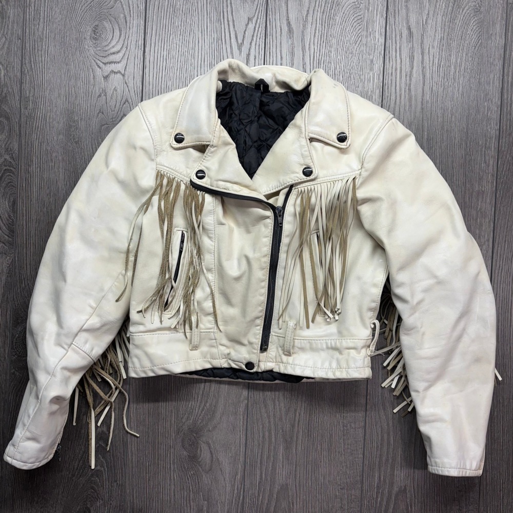 Vintage Drospo Falcon White Leather Fringe Western Biker Jacket Cropped Womens